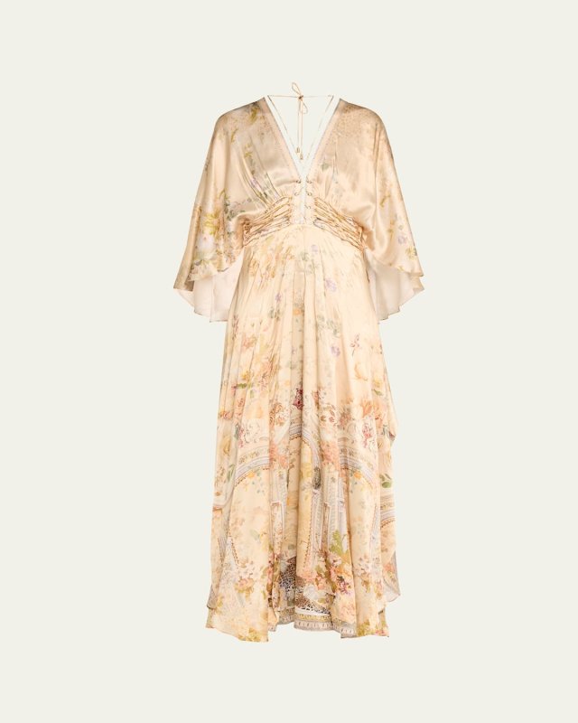 V-Neck Lace-Up Long Silk Dress