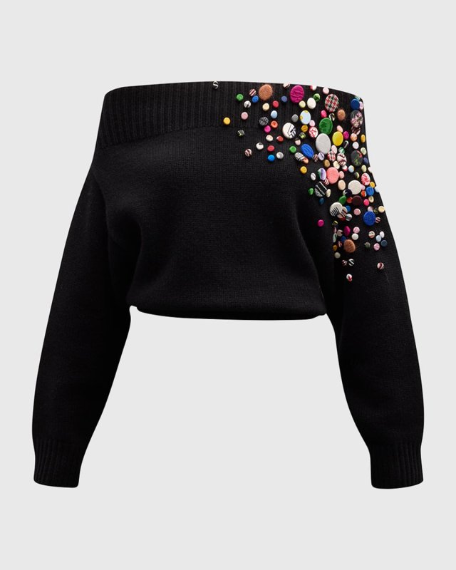 Bruno Button Embellished Off-Shoulder Wool Cashmere Sweater