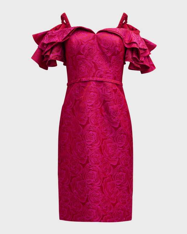 Ruffle Off-Shoulder Floral Jacquard Dress