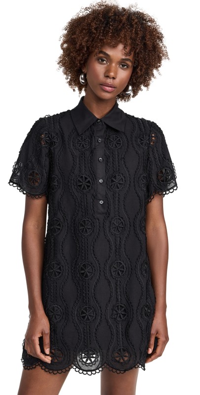 English Factory Scallop Embroidered Cotton Mini Shirt Dress Black