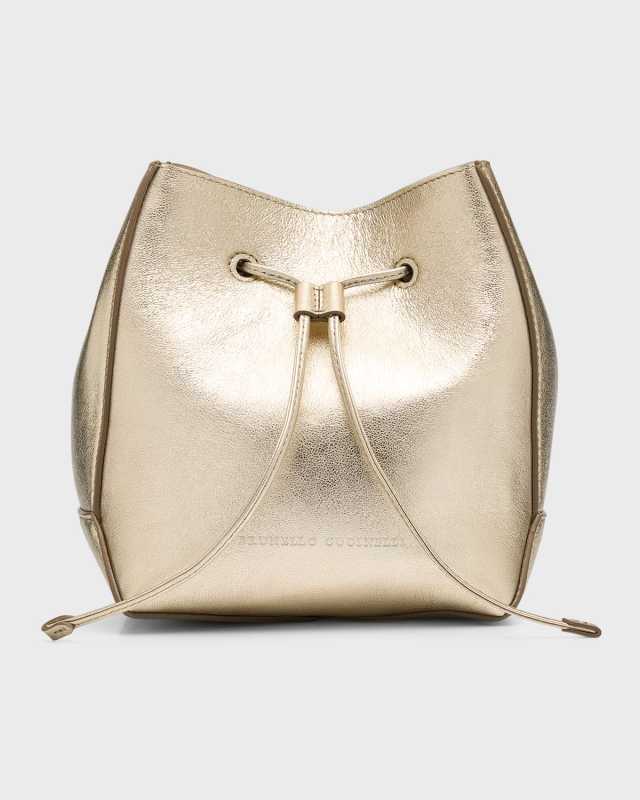 Small Drawstring Metallic Leather Bucket Bag