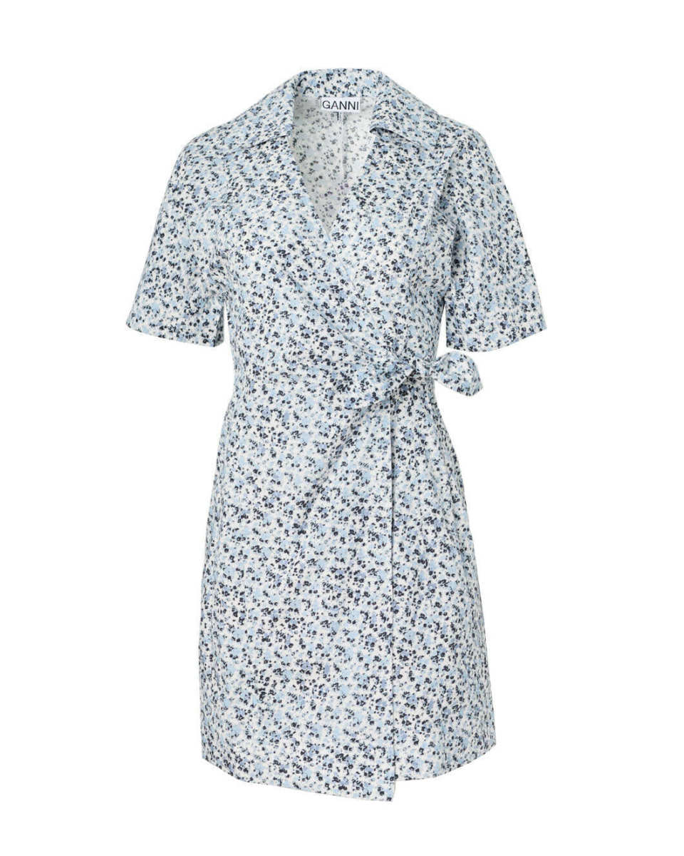 Blue Floral Printed Cotton Wrap Mini Dress