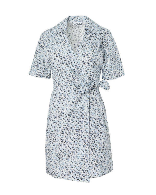 Blue Floral Printed Cotton Wrap Mini Dress