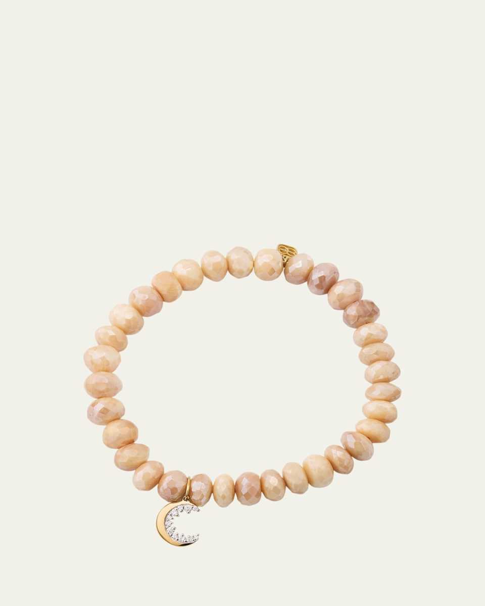 14K Yellow Gold Small Cocktail Crescent Moon Charm Beaded Bracelet with Diamonds