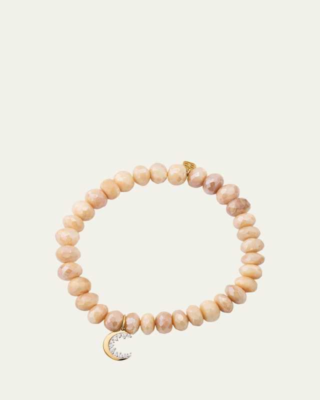 14K Yellow Gold Small Cocktail Crescent Moon Charm Beaded Bracelet with Diamonds