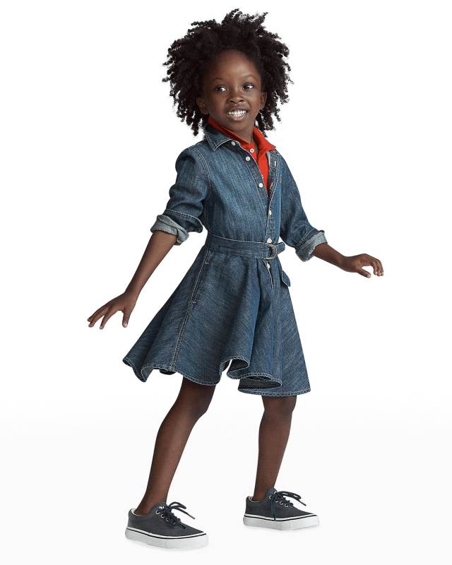 Girl's Belted Fit-and-Flare Denim Shirtdress, Size 2-6X