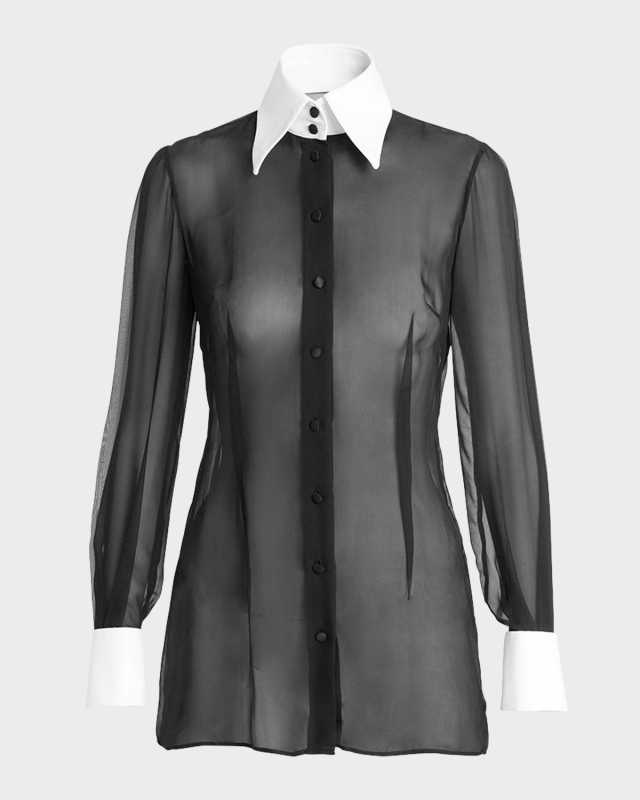 Contrast Collar Sheer Chiffon Shirt