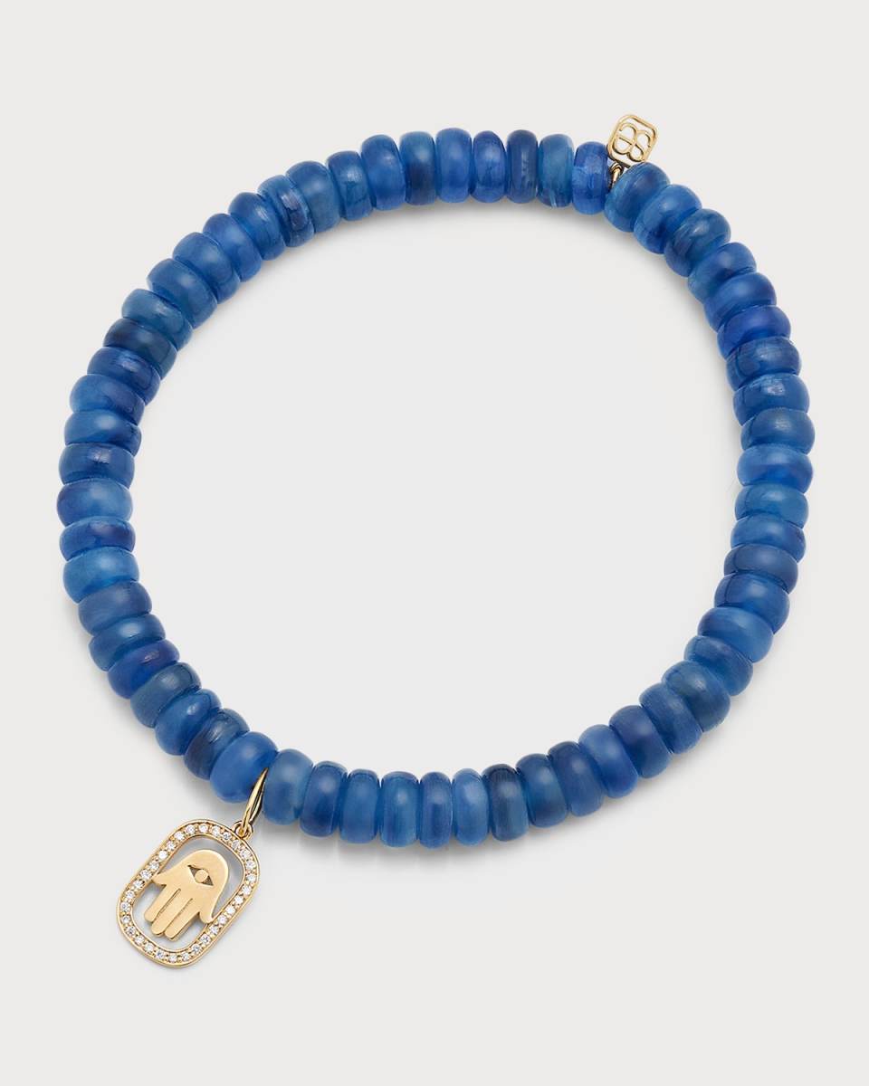 Diamond Hamsa Charm on Blue Kyanite Rondelle Bracelet