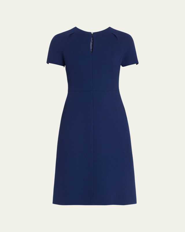 Short-Sleeve Wool Crepe Keyhole Dress, Navy