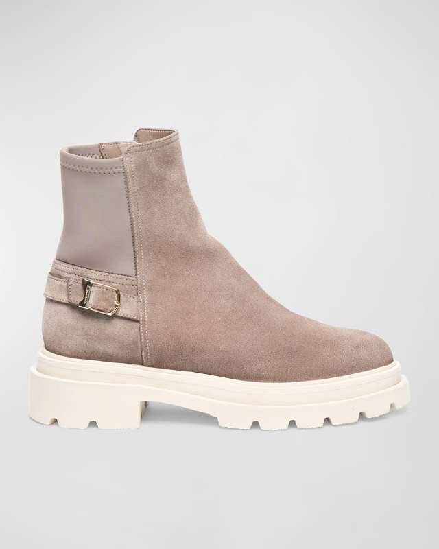 Suede Buckle Lug-Sole Ankle Boots