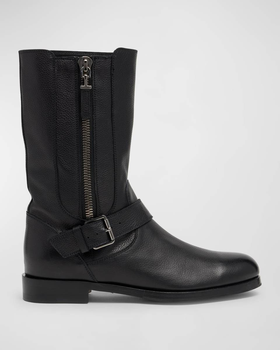 Leather Buckle Zip Biker Boots