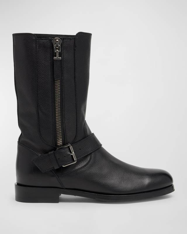 Leather Buckle Zip Biker Boots