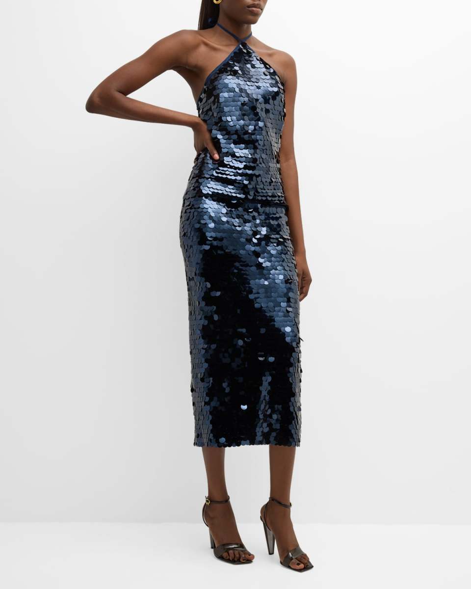Blanca Sleeveless Sequin Halter Midi Dress