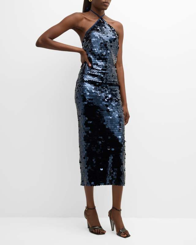 Blanca Sleeveless Sequin Halter Midi Dress