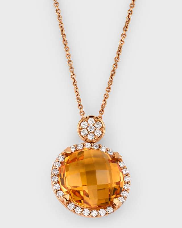 Rocks 18K Rose Gold Petite Citrine Diamond Halo and Disc Bail Pendant Necklace