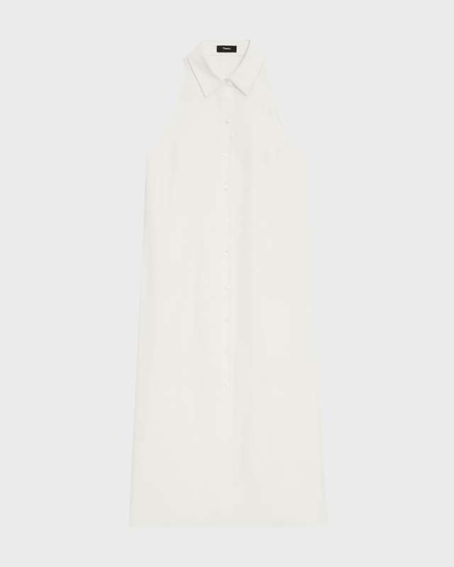 Halter Button-Front Sleeveless Collared Midi Dress