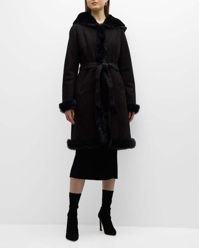 Toscana Lamb Trim Belted Lamb Shearling Hooded Coat
