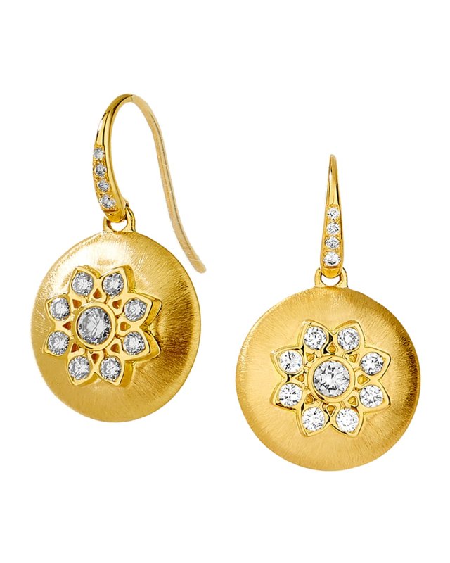 18K Yellow Gold Diamond Flower Coin Drop Earrings