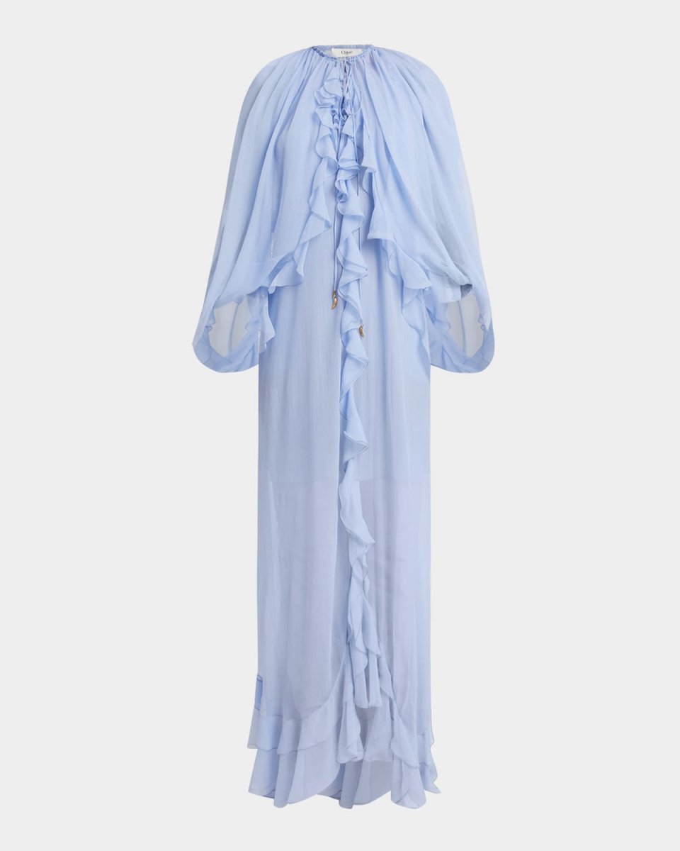 Long Ruffle-Trim Silk Mousseline Dress