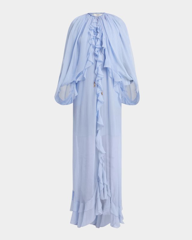 Long Ruffle-Trim Silk Mousseline Dress