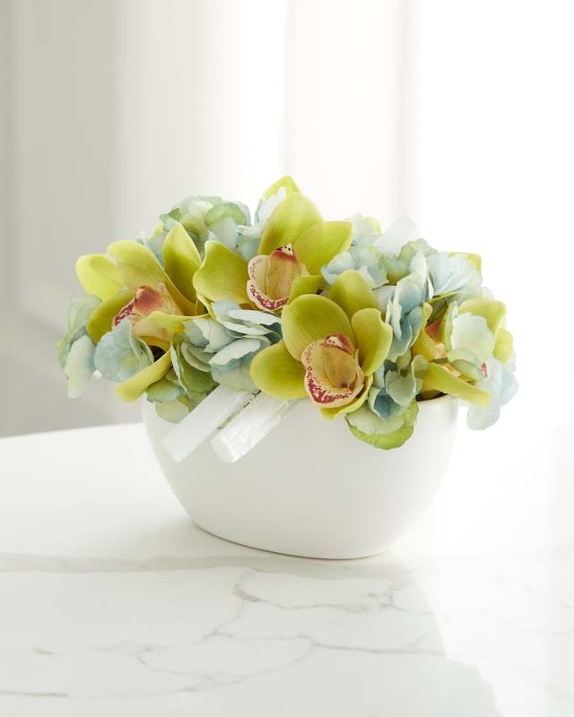 Hydrangea and Orchid Faux Floral Arrangement in Ceramic Bowl with Selenite - 8"