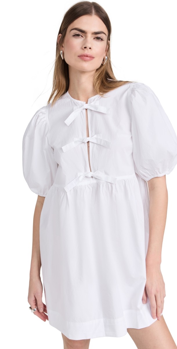 GANNI Cotton Poplin Tie String Mini Dress Bright White