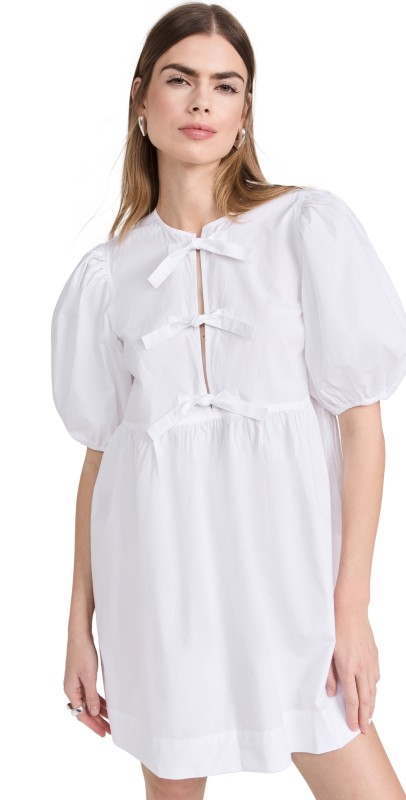 GANNI Cotton Poplin Tie String Mini Dress Bright White