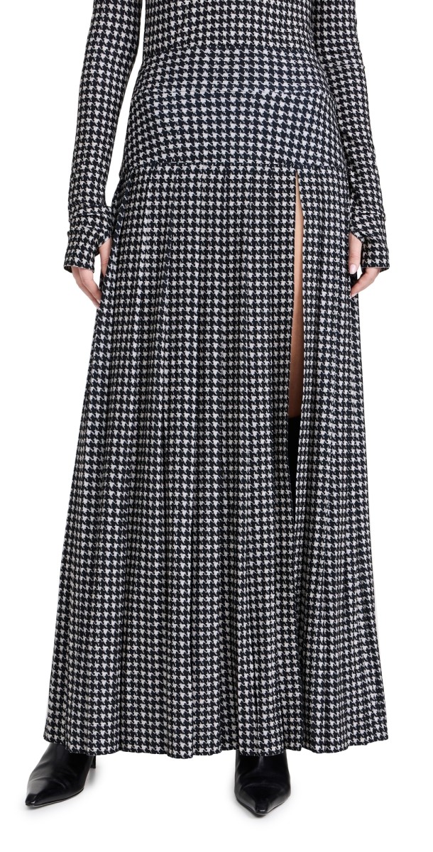 Norma Kamali Pleated Long Skirt with Slit Large Houndstooth
