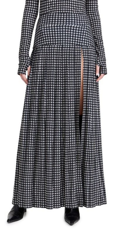 Norma Kamali Pleated Long Skirt with Slit Large Houndstooth