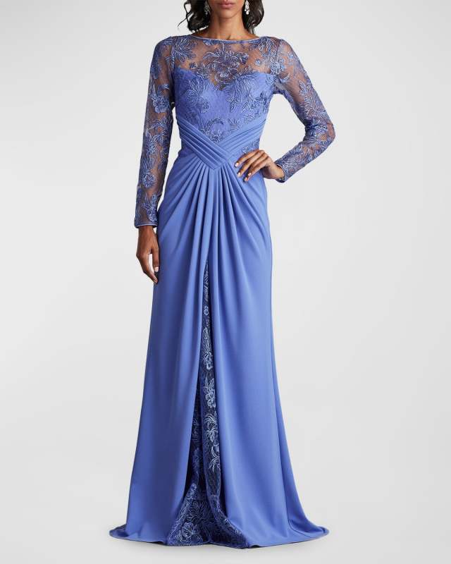 Pleated Crepe & Embroidered Lace Gown