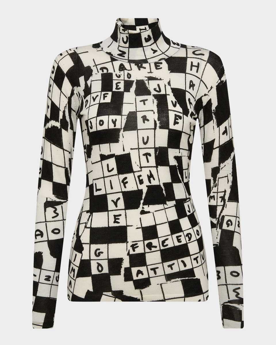 Brandy Crossword-Print Turtleneck Sweater