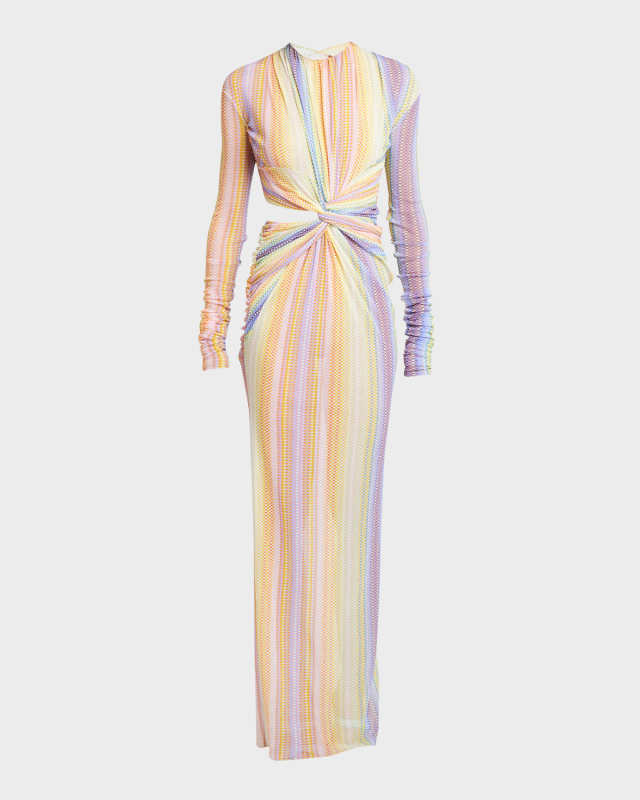 Check-Print Twisted Cutout Long-Sleeve Maxi Dress