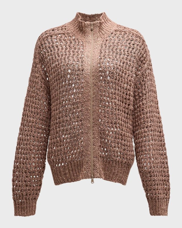 Silk-Linen 3D Diamond Net V-Neck Zip Cardigan