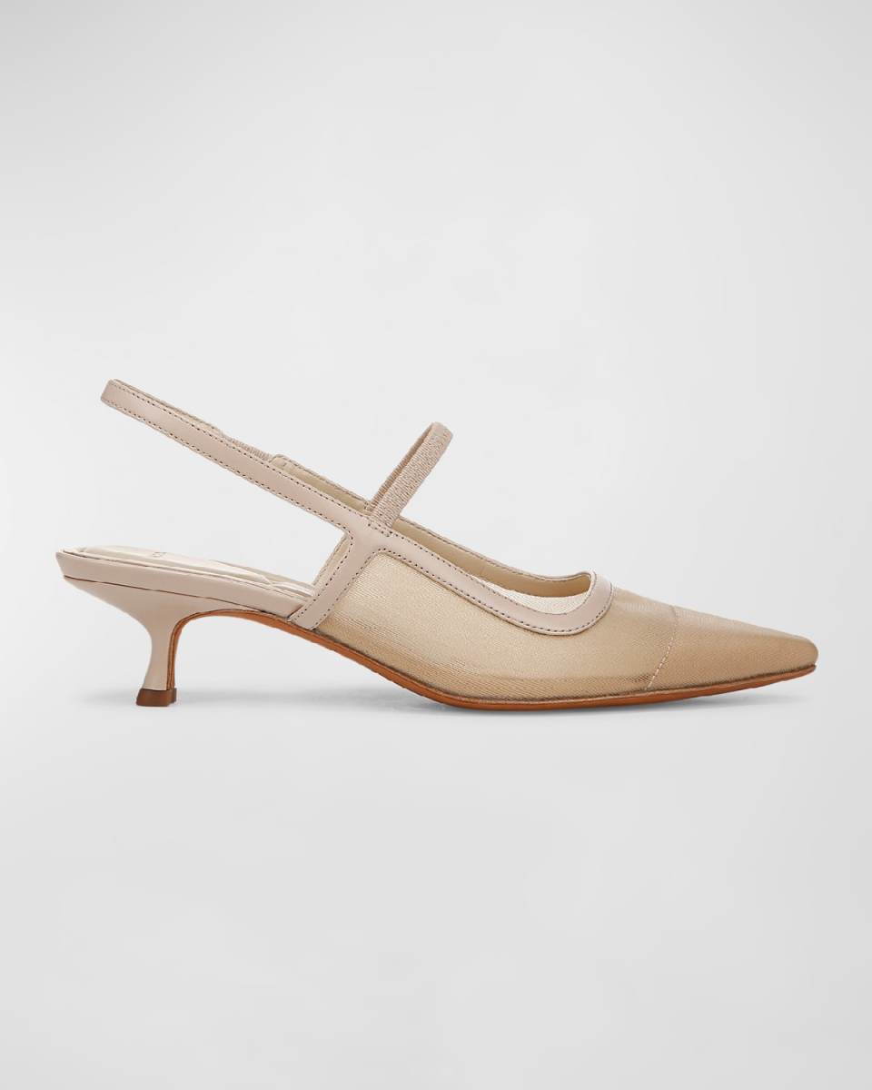 Mesh Leather Kitten Slingback Pumps