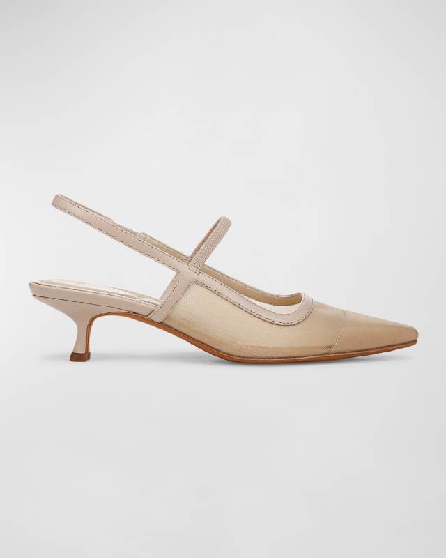 Mesh Leather Kitten Slingback Pumps