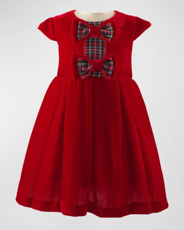 Girl's Bow Velvet Holiday Tartan Bow Dress, Size 6M-24