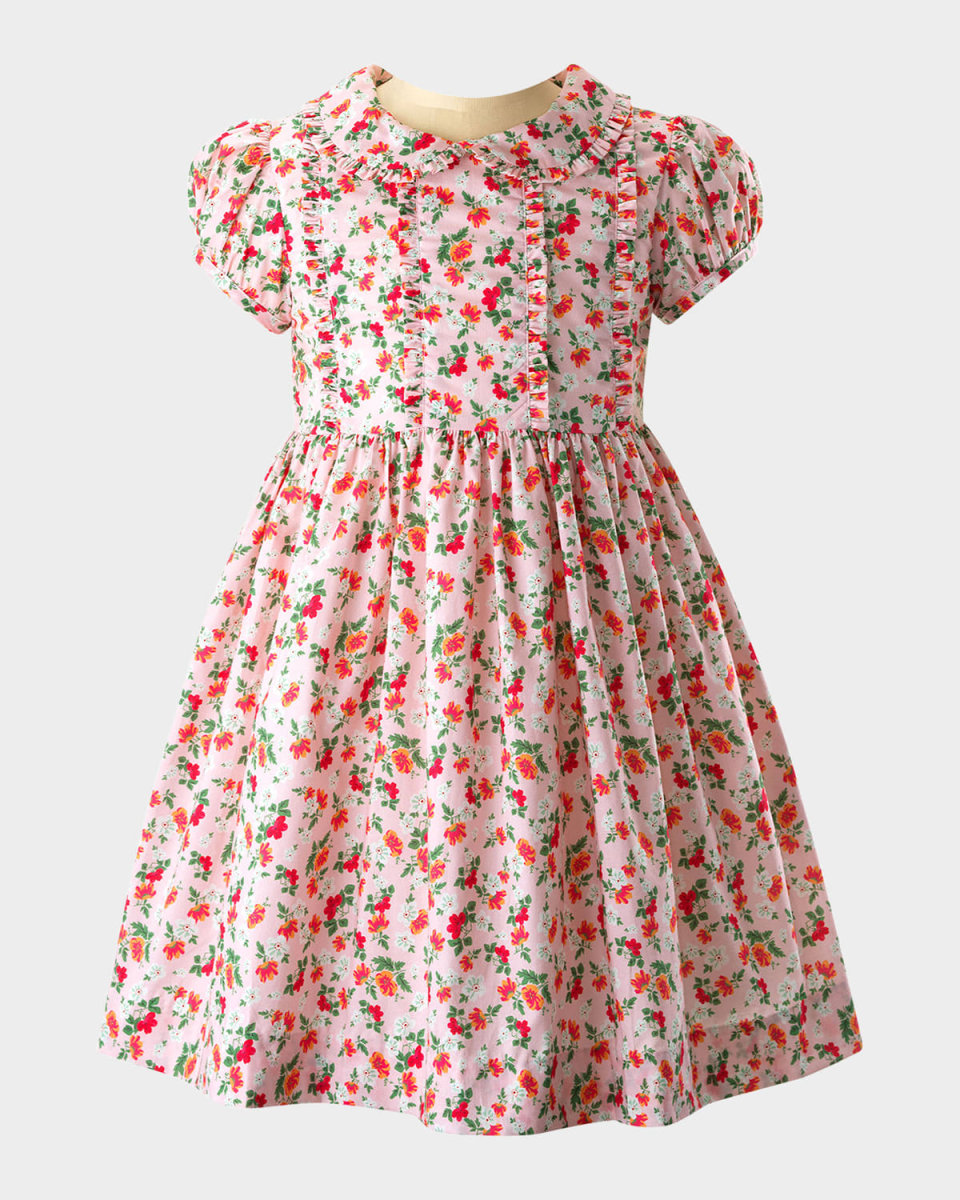 Girl's Micro Floral-Print Frill Dress, Size 2-