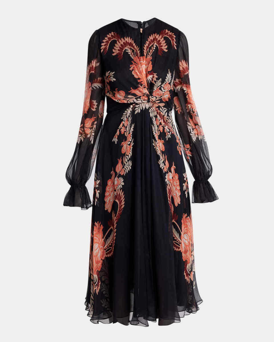 Floral Silk Chiffon Long-Sleeved Midi Dress