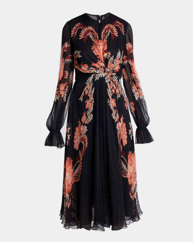Floral Silk Chiffon Long-Sleeved Midi Dress