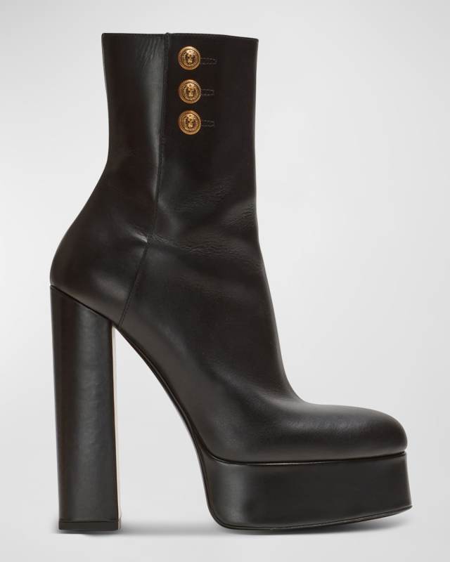 Brune Leather Button Platform Booties