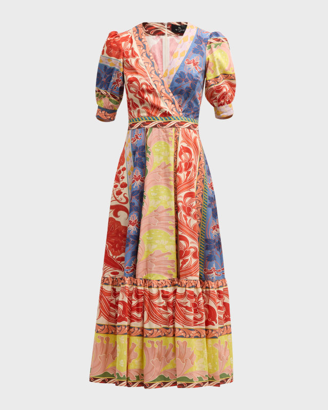 Wallpaper Puff-Sleeve Flounce-Hem Midi Dress