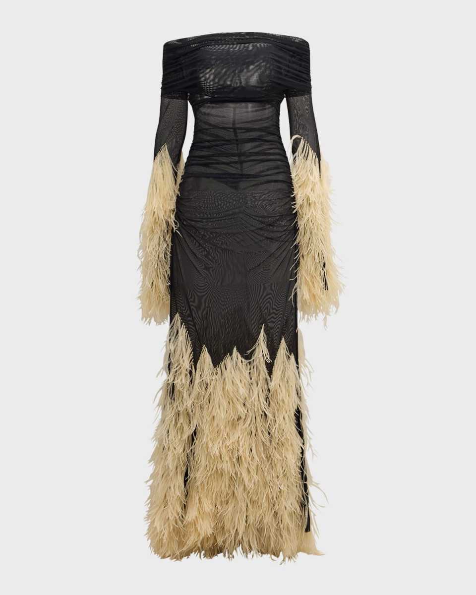 Feather-Trim Mesh Off-The-Shoulder Mesh Gown