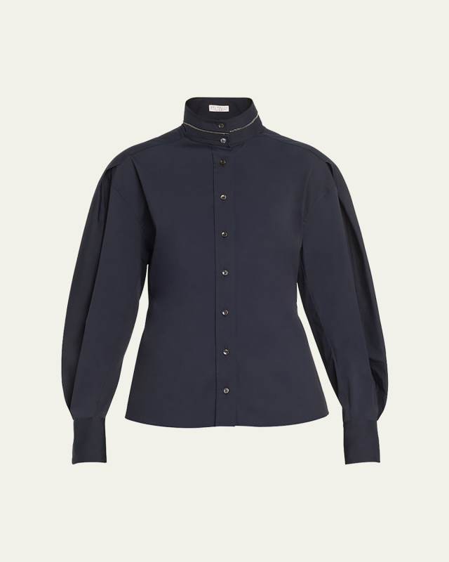 Monili-Collar Puff-Sleeve Button Down Poplin Top