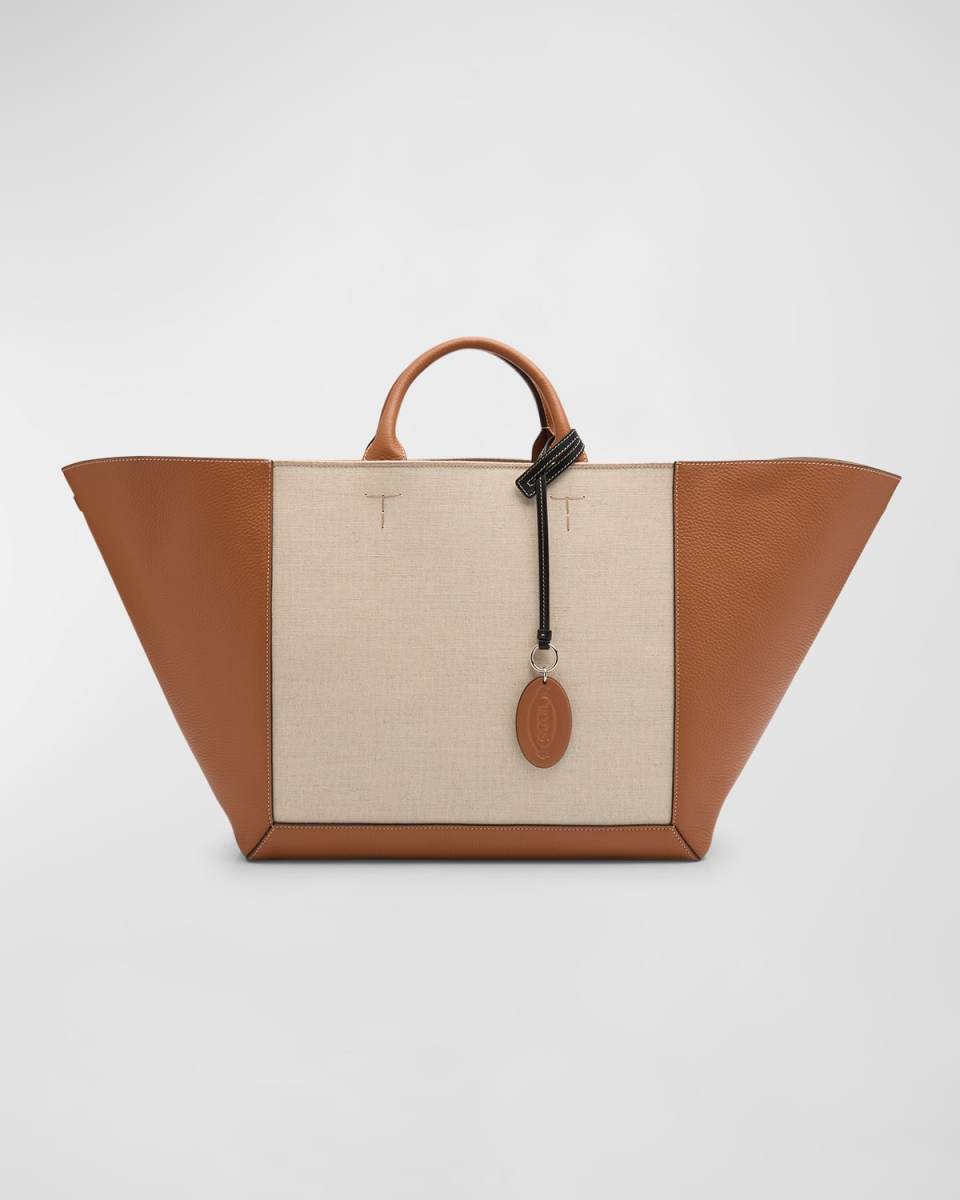 Large Double Up Leather and Canvas Shopping Bag