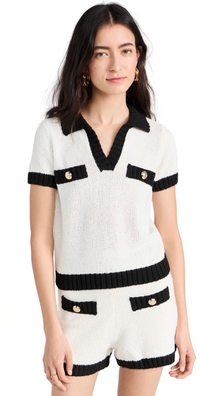 endless rose Crochet Knit Collared Top Ivory/Black
