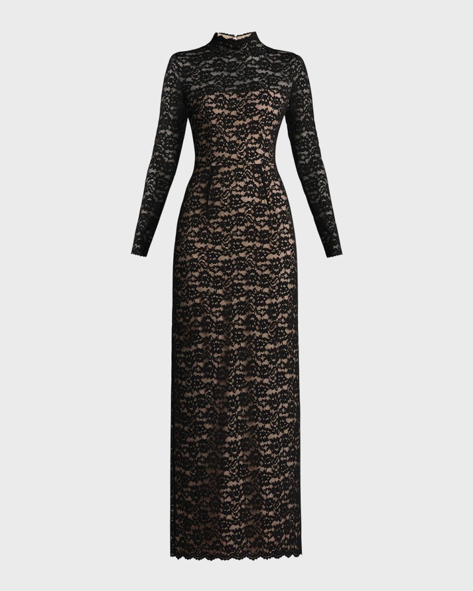 Mock-Neck Floral Lace Column Gown