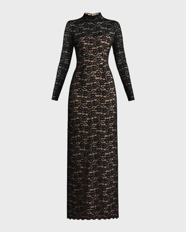 Mock-Neck Floral Lace Column Gown