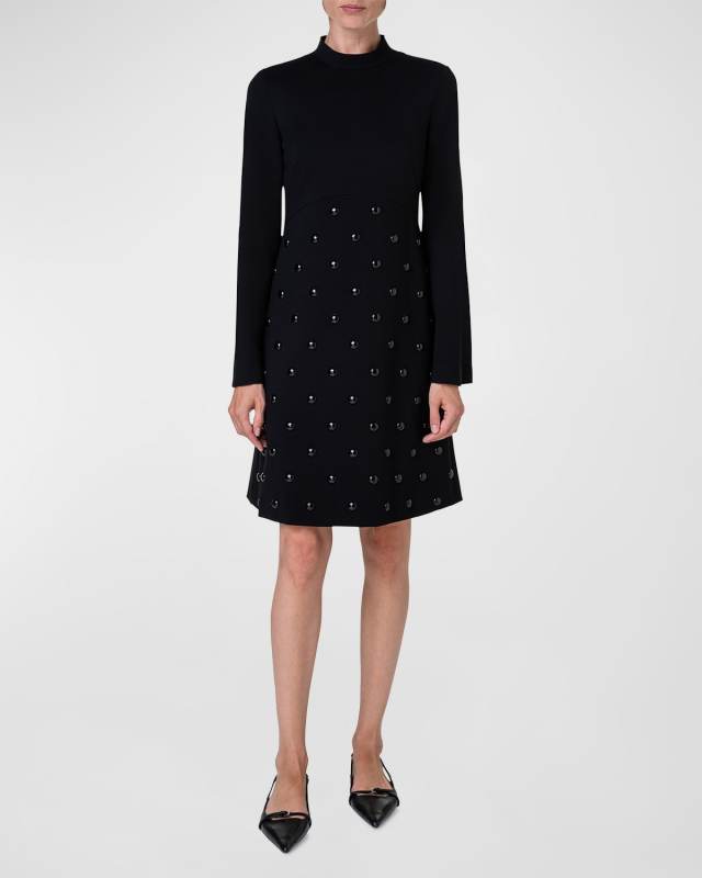 XL Polka Dot Studs Stand-Collar Jersey Dress