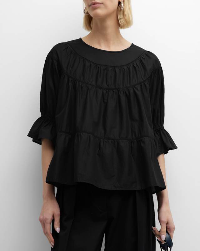 Sol Tiered Lace-Inset Blouson-Sleeve Top