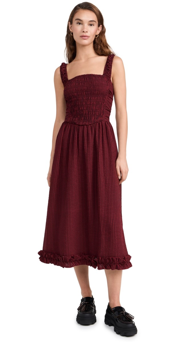 GANNI Sheer Fluid Check Midi Strap Smock Dress Winery